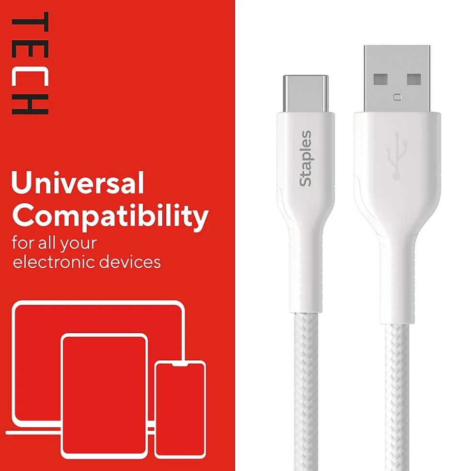 Staples TECH USB-C to USB-A Charging Cable, 6.5 ft., White (ST62338)