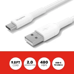 Staples TECH USB-C to USB-A Charging Cable, 9.8 ft., White (ST62339)
