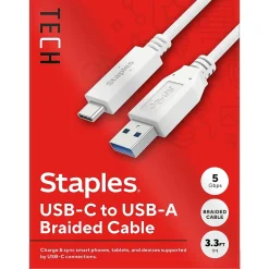 Staples TECH USB-C to USB-A Charging Cable, 3.3 ft., White (ST62316)