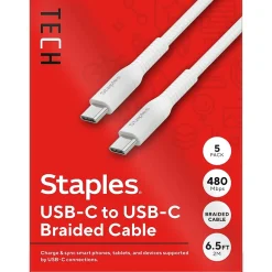 Staples TECH USB-C to USB-C Charging Cable, 6.5 ft., White, 5/Pack (ST62315)