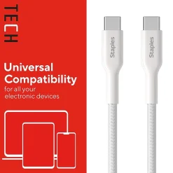 Staples TECH USB-C to USB-C Charging Cable, 6.5 ft., White, 5/Pack (ST62315)