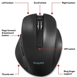 Staples TECH Wireless Ergonomic Curved Optical USB Mouse, Black (ST62599)