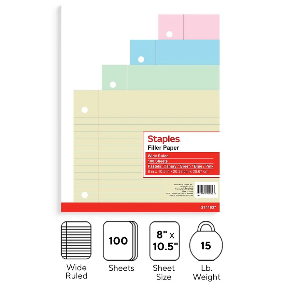 Staples Wide Ruled Filler Paper, 8" x 10.5", Assorted Colors, 100 Sheets/Pack (TR41637)