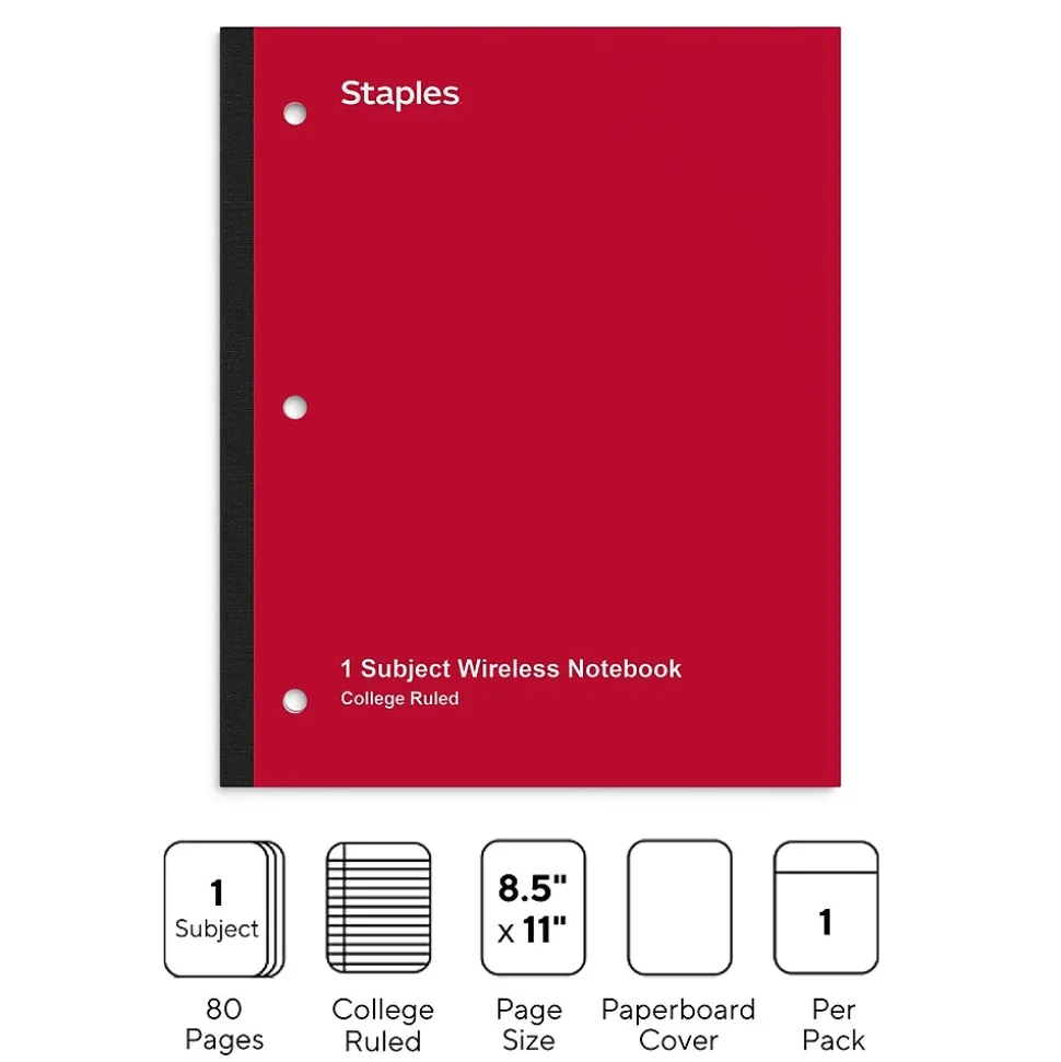 Staples Wireless 1-Subject Notebook, 8.5" x 11", College Ruled, 80 Sheets, Red (ST58379)