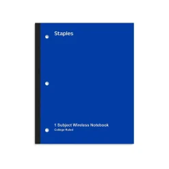 Staples Wireless 1-Subject Notebook, 8.5" x 11", College Ruled, 80 Sheets, Blue (TR58378)