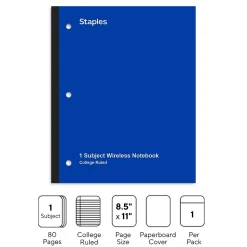 Staples Wireless 1-Subject Notebook, 8.5" x 11", College Ruled, 80 Sheets, Blue (TR58378)