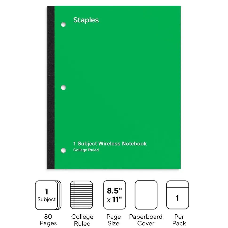 Staples Wireless 1-Subject Notebook, 8.5" x 11", College Ruled, 80 Sheets, Green (ST58380C)