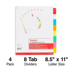 Staples Write-On Dividers, 8-Tab, Assorted Color s, 4/Pack (13511/23179)