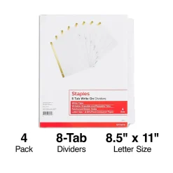 Staples Write-On Write & Erase Paper Divider, 8 Tabs, White/White Tabs, 4 Sets (13510/23178)