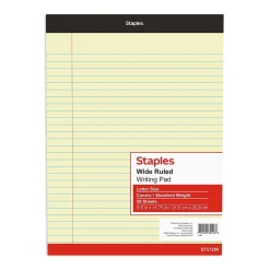 Staples Writing Pad, 8.5" x 11.75", Wide Ruled, Canary, 50 Sheets/Pad (40066)