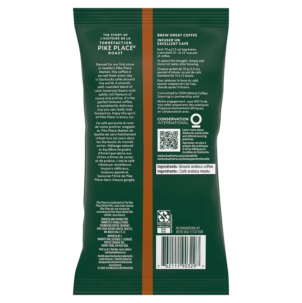 Starbucks Pike Place Ground Coffee, Medium Roast, 2.5 oz. Portion Packs, 18/Box (SBK11018197)