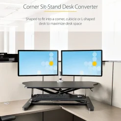 StarTech Adjustable Large Surface Corner Sit Stand Desk Converter for Dual Monitors, Keyboard Tray, 35" x 21" (ARMSTSCORNR)