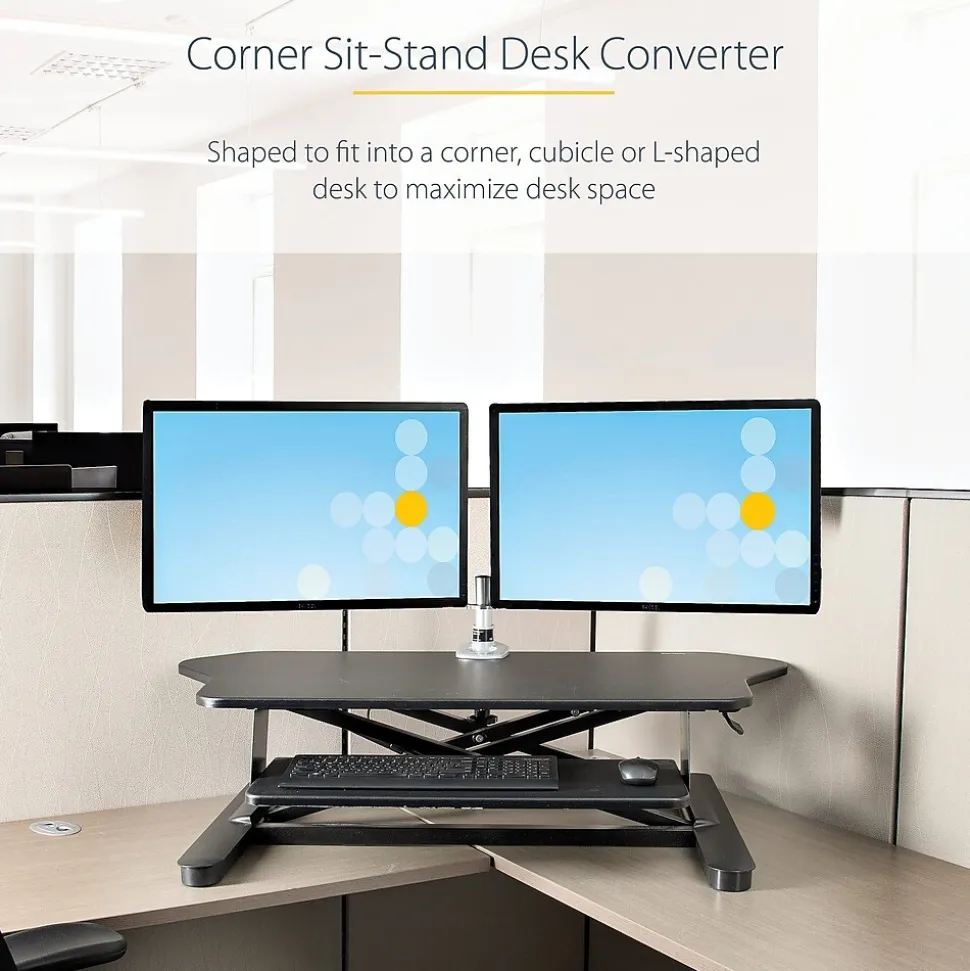 StarTech Adjustable Large Surface Corner Sit Stand Desk Converter for Dual Monitors, Keyboard Tray, 35" x 21" (ARMSTSCORNR)