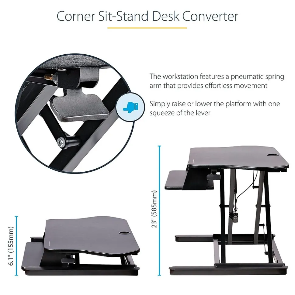 StarTech Adjustable Large Surface Corner Sit Stand Desk Converter for Dual Monitors, Keyboard Tray, 35" x 21" (ARMSTSCORNR)