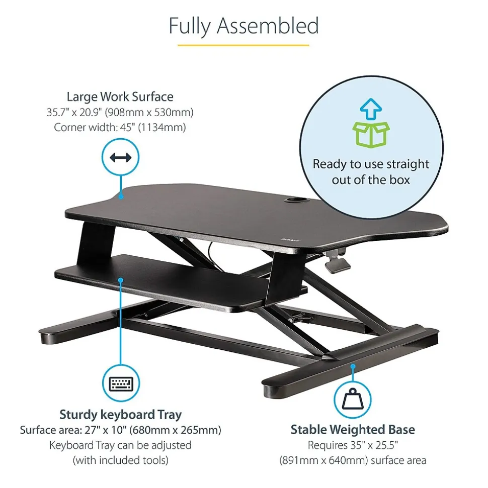 StarTech Adjustable Large Surface Corner Sit Stand Desk Converter for Dual Monitors, Keyboard Tray, 35" x 21" (ARMSTSCORNR)