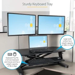 StarTech Adjustable Large Surface Corner Sit Stand Desk Converter for Dual Monitors, Keyboard Tray, 35