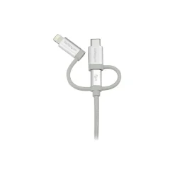 StarTech 1m 3 ft USB Multi Charger Cable, Braided, Silver, 3 in 1 Charging Cable, USB to Lightning Cable, USB to Micro USB Cable