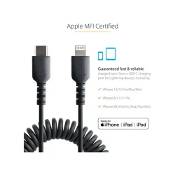 StarTech USB-C to Lightning MFi Certified Coiled iPhone Charger Cable, 3 ft., Black (RUSB2CLT1MBC)