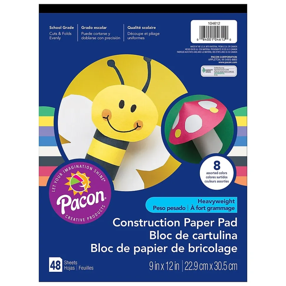 SunWorks Heavyweight 9" x 12" Construction Paper Pad, Assorted Colors, 48 Sheets/Pack, 12 Packs (PAC104612-12)