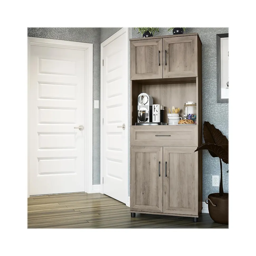 System Build Dwyer 70" Tall Coffee Bar with 4 Shelves, Gray Oak (6383337COM)