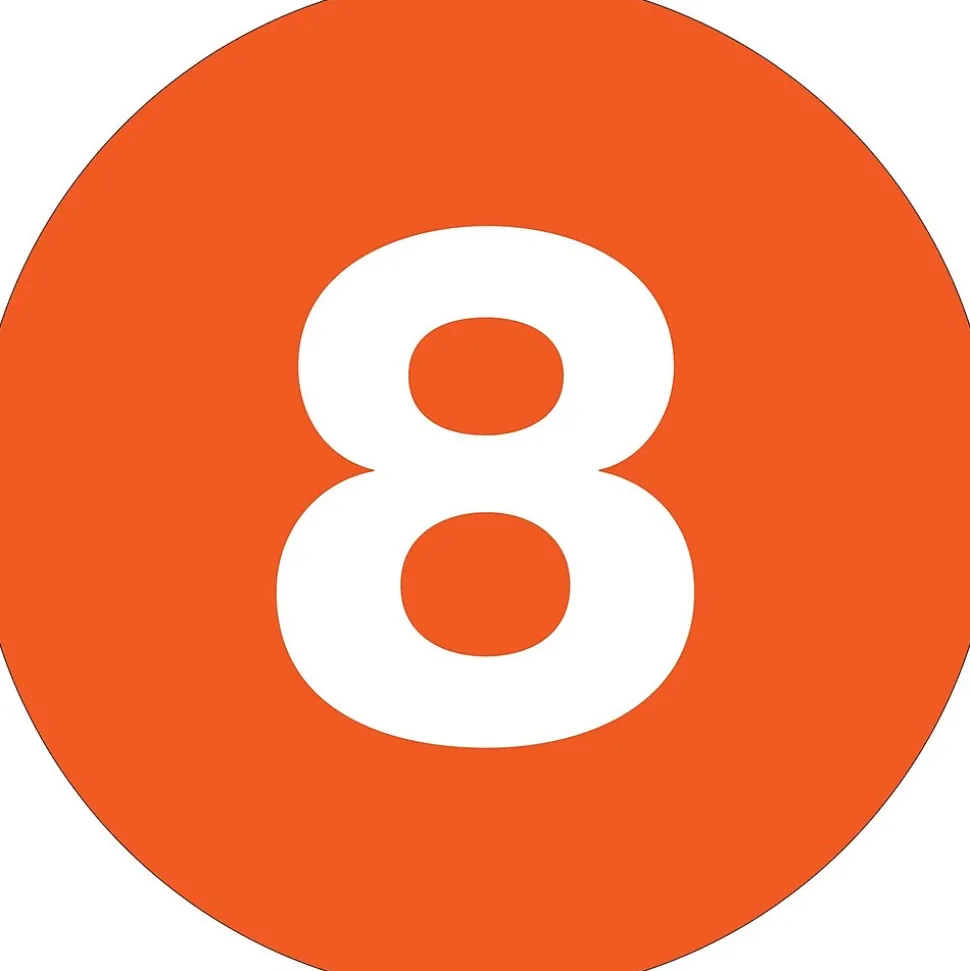 Tape Logic 1" Circle "8" Number Label, Orange, 500/Roll