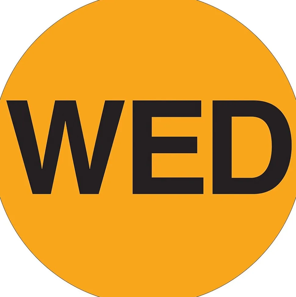 Tape Logic 1" Circle "WED" Days of the Week Label, Fluorescent Orange, 500/Roll