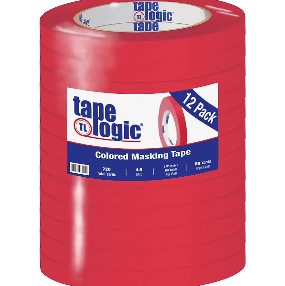 Tape Logic® Colored Masking Tape, 4.9 Mil, 1/2" x 60 yds., Red, 12/Case (T93300312PKR)