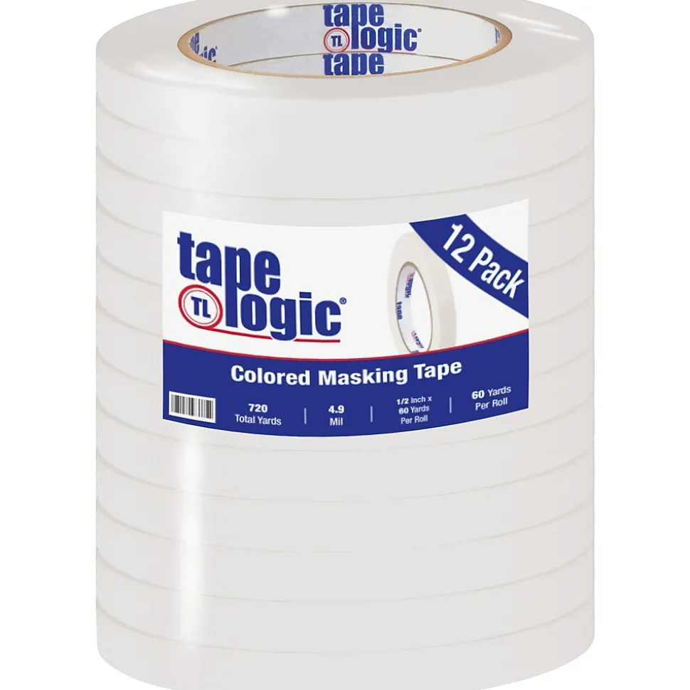 Tape Logic® Colored Masking Tape, 4.9 Mil, 1/2" x 60 yds., White, 12/Case (T93300312PKW)
