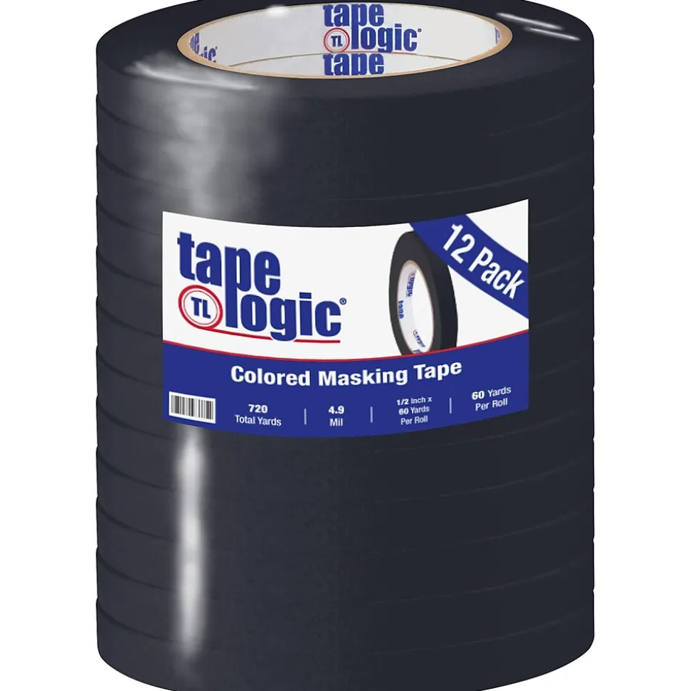 Tape Logic® Colored Masking Tape, 4.9 Mil, 1/2" x 60 yds., Black, 12/Case (T93300312PKB)