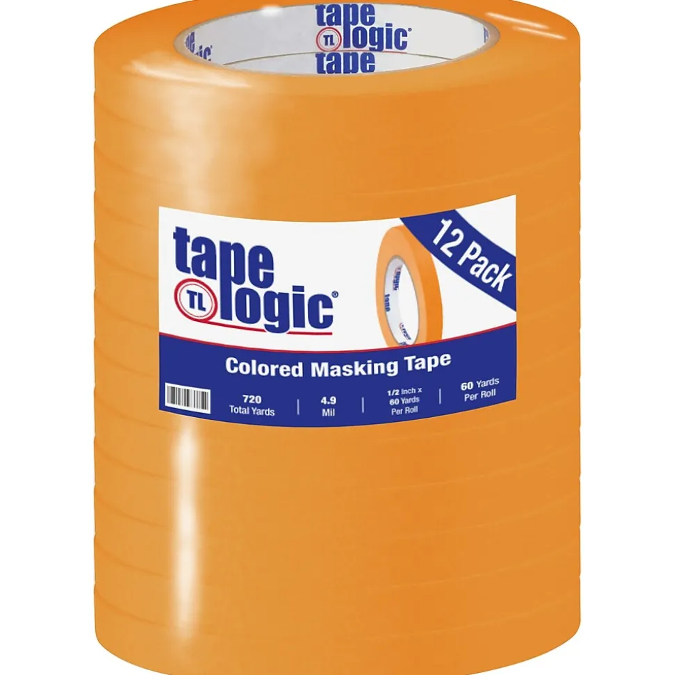 Tape Logic® Colored Masking Tape, 4.9 Mil, 1/2" x 60 yds., Orange, 12/Case (T93300312PKD)