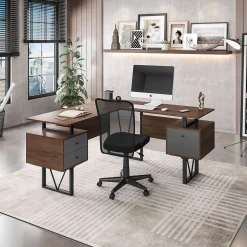 Techni Mobili 59" L-Shaped Desk with Drawers and File Cabinet, Walnut/Black (RTA-4809DL-WAL)
