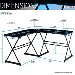 Techni Mobili L-Shaped Glass Top Computer Corner Desk, Black (RTA-3805L-BK)