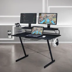 Techni Sport Carbon Computer Gaming Desk with Shelving, Black (RTA-TS200-BK)