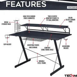 Techni Sport Carbon Computer Gaming Desk with Shelving, Black (RTA-TS200-BK)