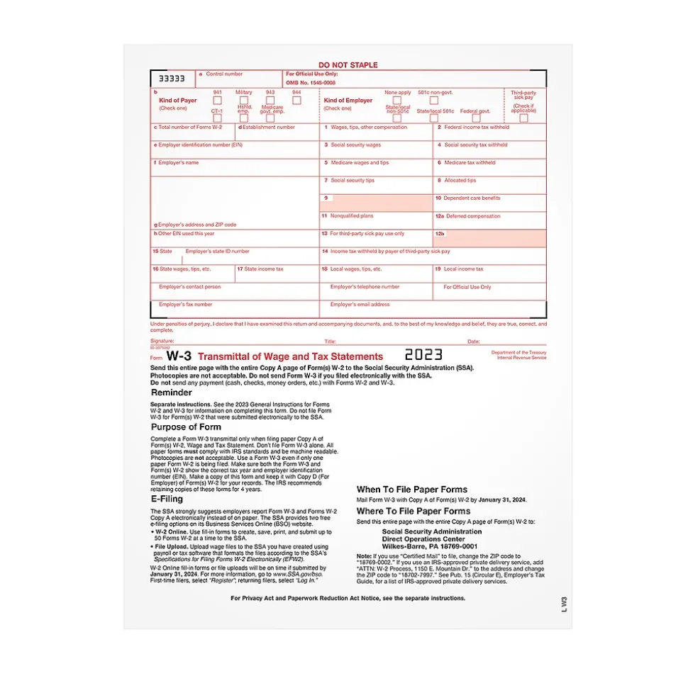 TOPS 2024 W-3 Tax Form, 1-Part, 25 Forms/Pack (LW325)
