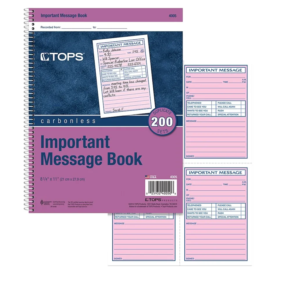 TOPS Important Message 2-Part Ruled Book, 11" x 8.25", White/Canary, 50 Sheets/Pad (4005)