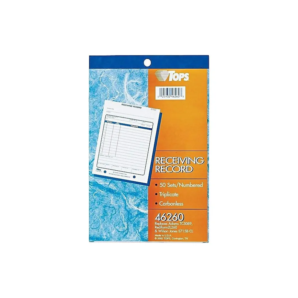 TOPS 3-Part Carbonless Receiving Records, 5.56"W x 7.94"L, 50 Sets/Book (46260)