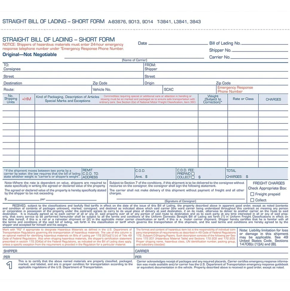 Tops® Snap-Off® Bill Of Lading, Short Forms, 4 Part, 8-1/2" x 7"