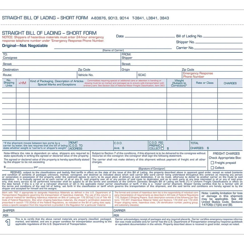 Tops® Snap-Off® Bill Of Lading, Short Forms, 4 Part, 8-1/2" x 7"