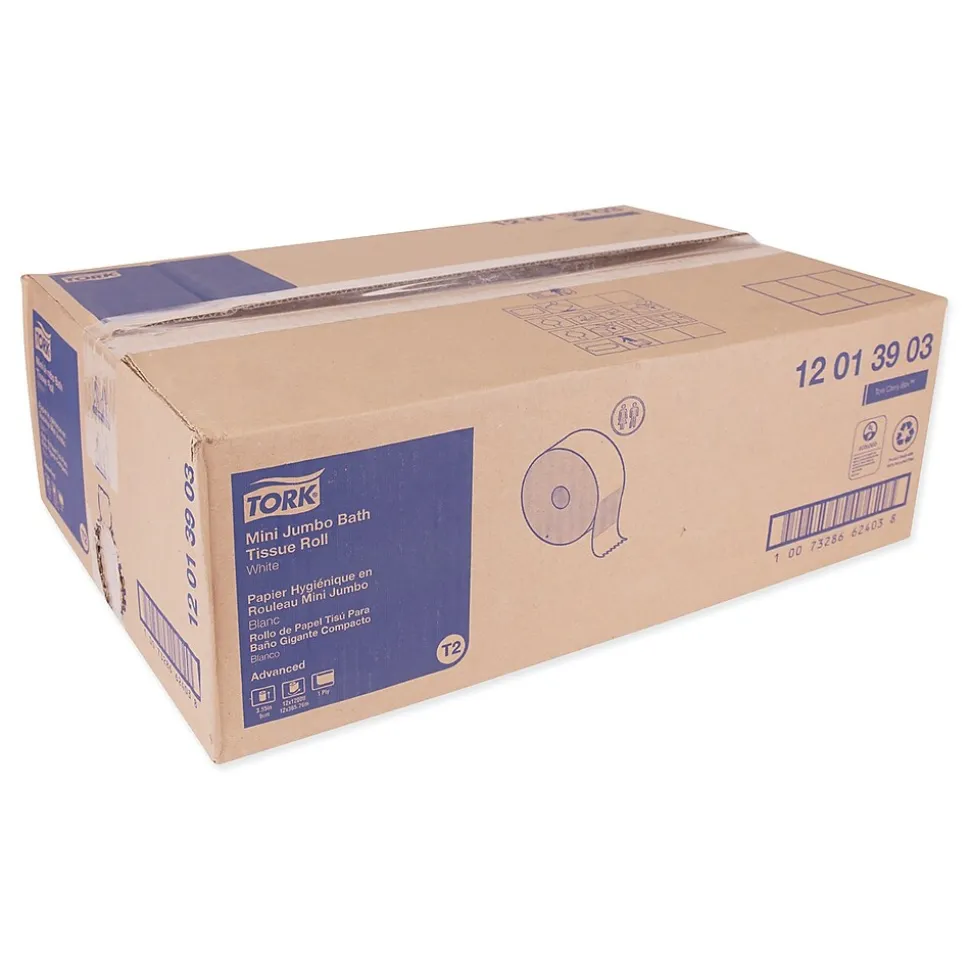 Tork Advanced Jumbo Bath Tissue, Septic Safe, 1-Ply, White, 3.48" x 1,200 ft, 12 Rolls/Carton (TRK12013903)