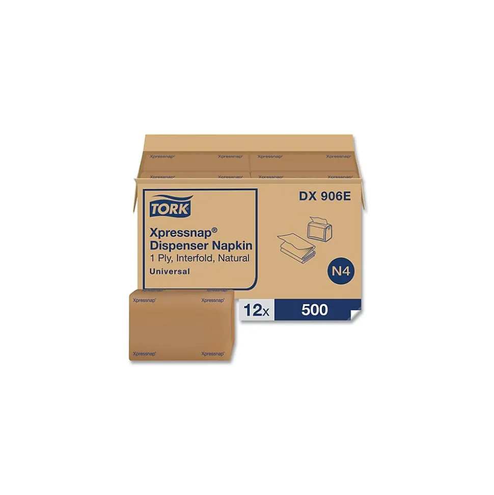 Tork Xpressnap Interfold Dispenser Napkins, 1-Ply, Bag-Pack, 13 x 8.5, Natural, 500/Pack, 12 Packs/Carton (TRKDX906E)
