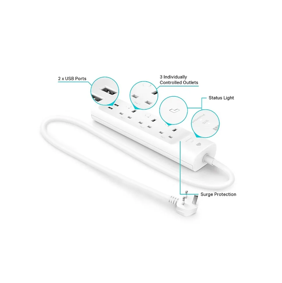 TP-LINK Kasa Smart 3-Outlet 2-USB Port Surge Protector, White (KP303)