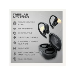 Treblab X3-Pro Bluetooth Wireless Earbuds with Earhooks, Charging Case (X3-PRO-W)