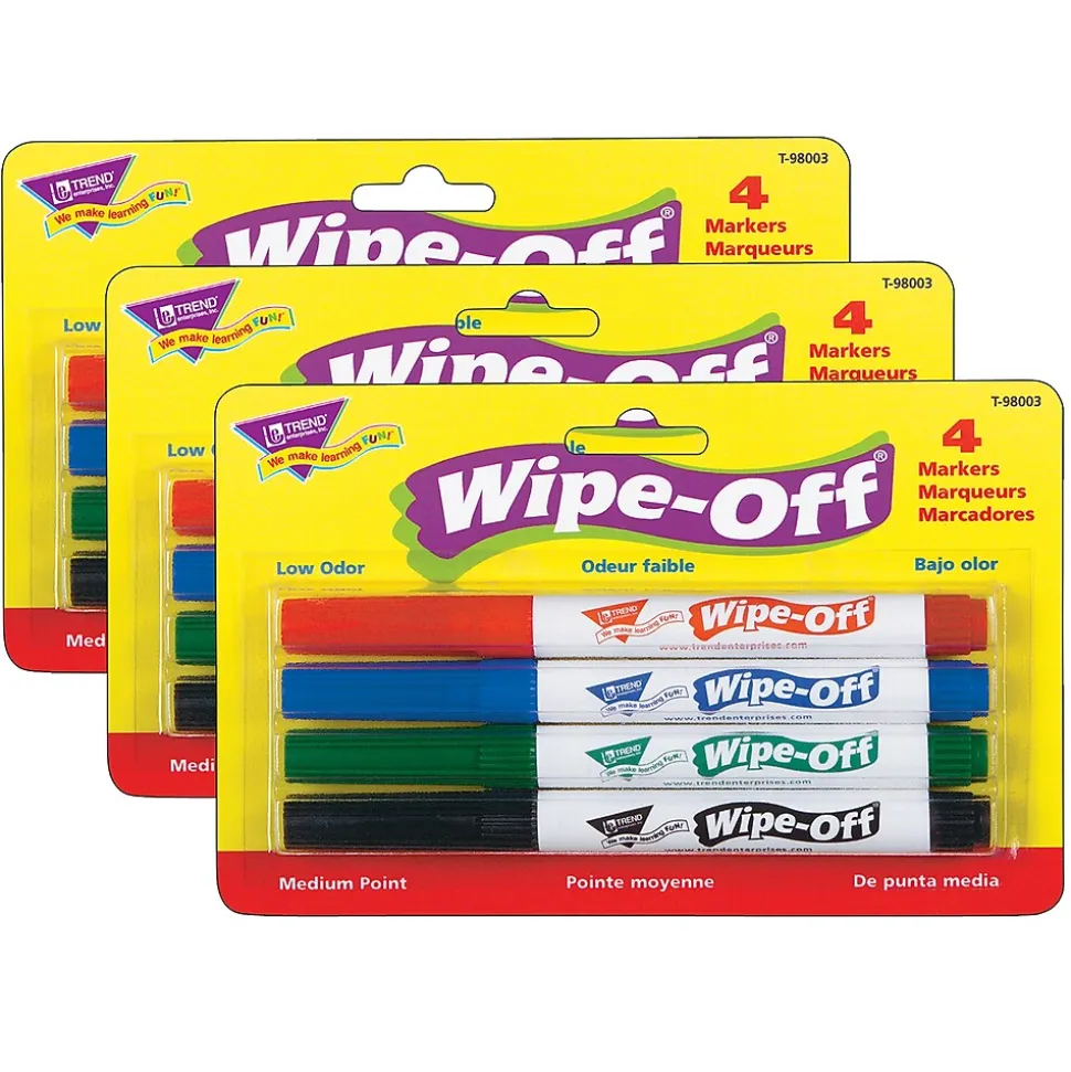 TREND Wipe-Off® Markers, Medium Point, Standard Colors, 4 Per Pack, 3 Packs (T-98003-3)