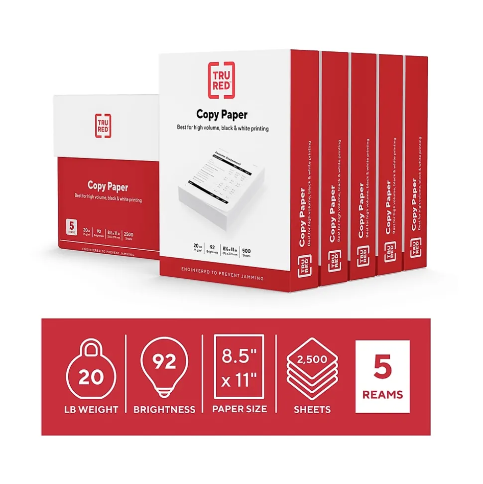 TRU RED™ 8.5" x 11" Copy Paper, 20 lbs., 92 Brightness, 500 Sheets/Ream, 5 Reams/Carton (TR56960)