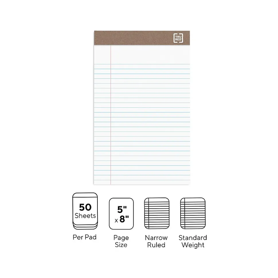 TRU RED™ Notepad, 5" x 8", Narrow Ruled, White, 50 Sheets/Pad, Dozen Pads/Pack (TR58181)