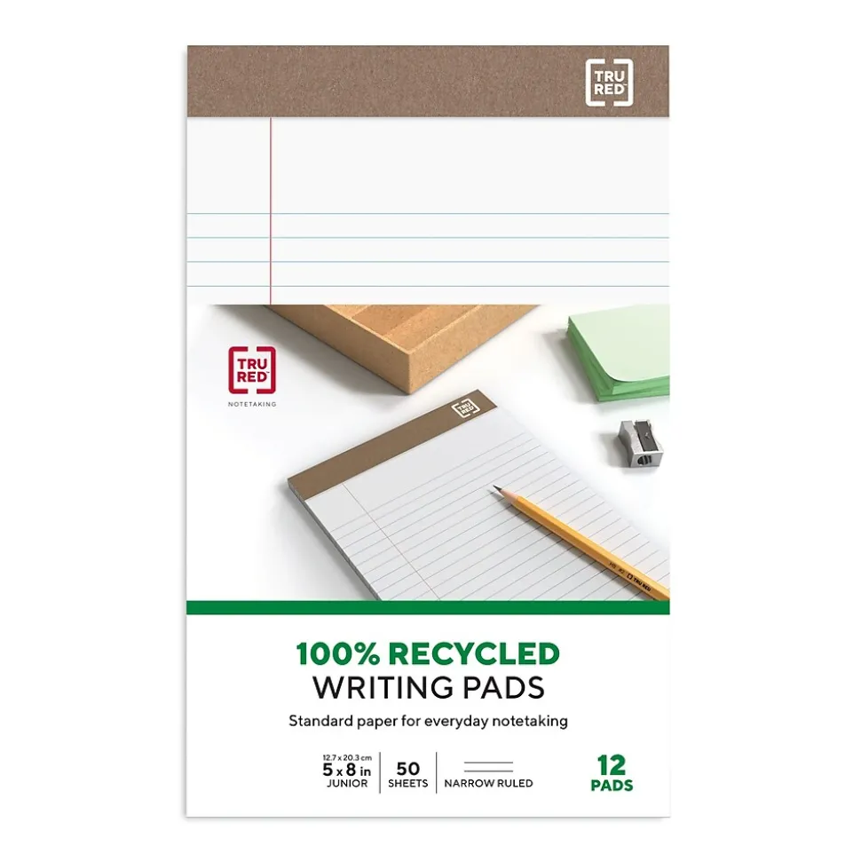 TRU RED™ Notepad, 5" x 8", Narrow Ruled, White, 50 Sheets/Pad, Dozen Pads/Pack (TR58181)