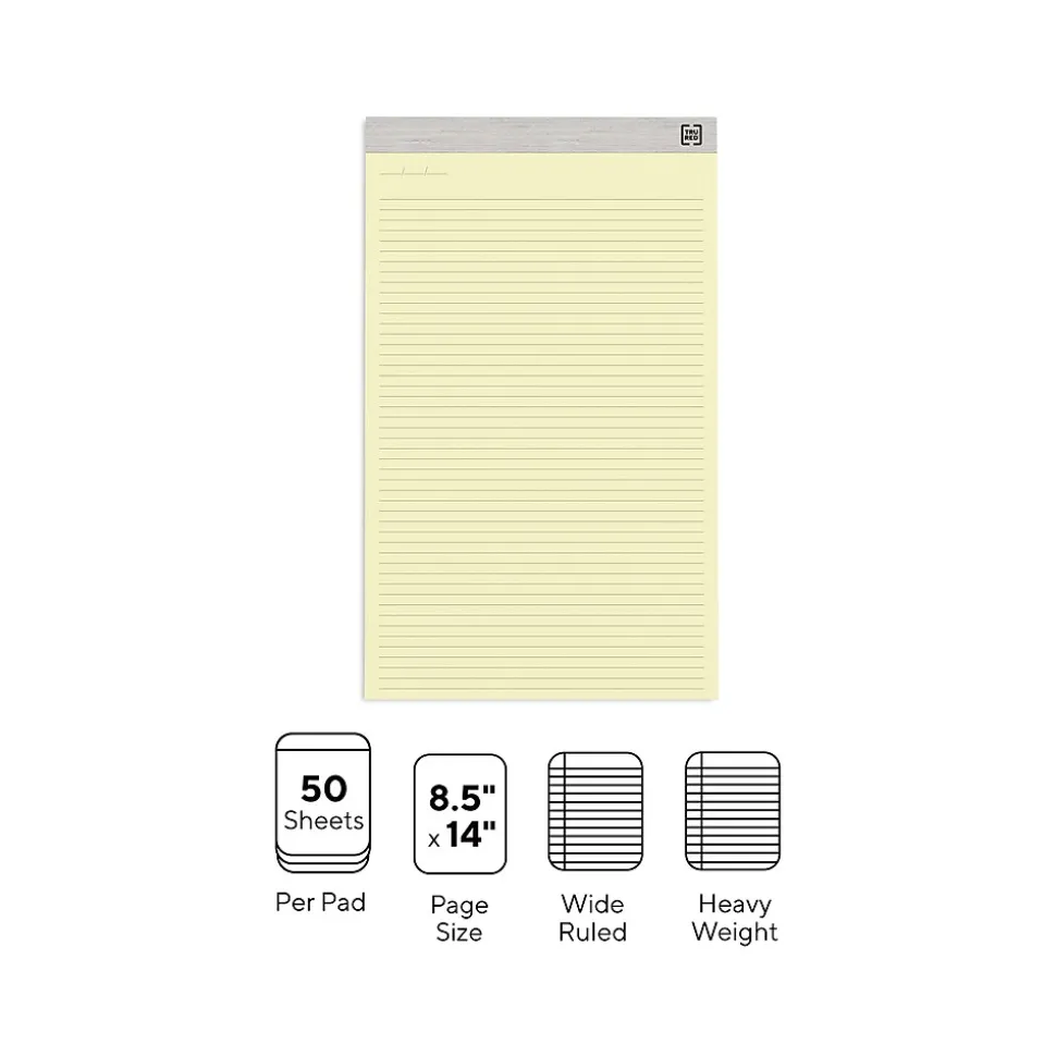 TRU RED™ Notepads, 8.5" x 14", Wide Ruled, Canary, 50 Sheets/Pad, 12 Pads/Pack (TR57386)