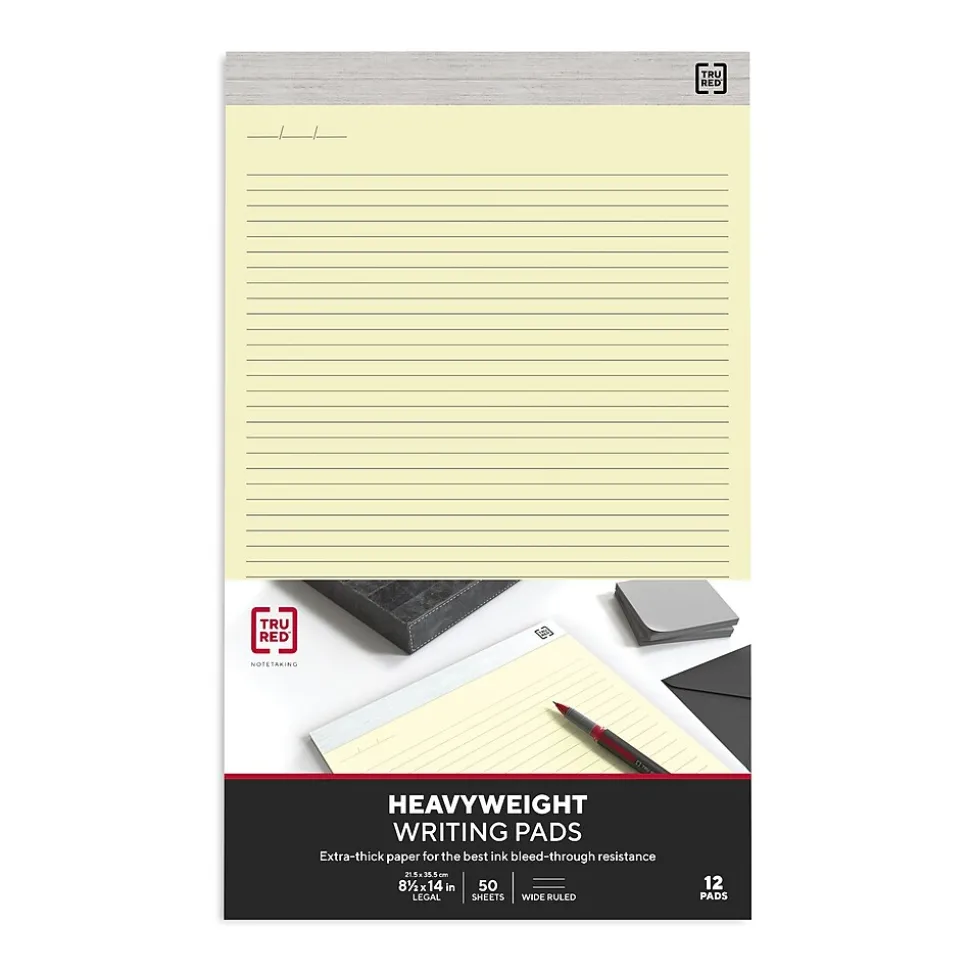 TRU RED™ Notepads, 8.5" x 14", Wide Ruled, Canary, 50 Sheets/Pad, 12 Pads/Pack (TR57386)