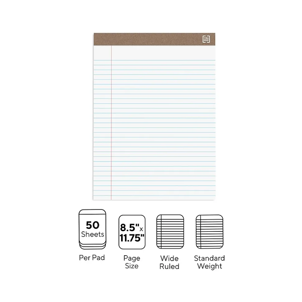 TRU RED™ Notepads, 8.5" x 11.75", Wide Ruled, White, 50 Sheets/Pad, Dozen Pads/Pack (TR58185)